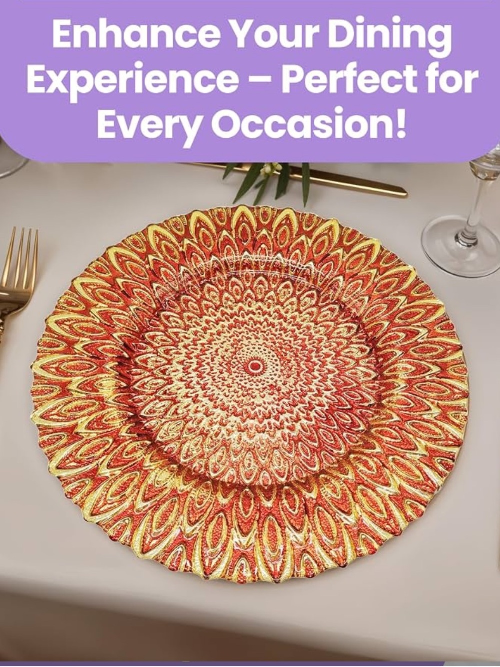 Red Glass Charger Plate with Luxury Peacock Design – set of 6 plates- never used